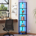 VIMBER 6-Tier Corner Shelf with LED Light, Industrial Corner Ladder Shelf, Rustic Display Shelf for Living Room, Bedroom, Kitchen, Home Office, Sturdy Frame, Black UJSJ002B