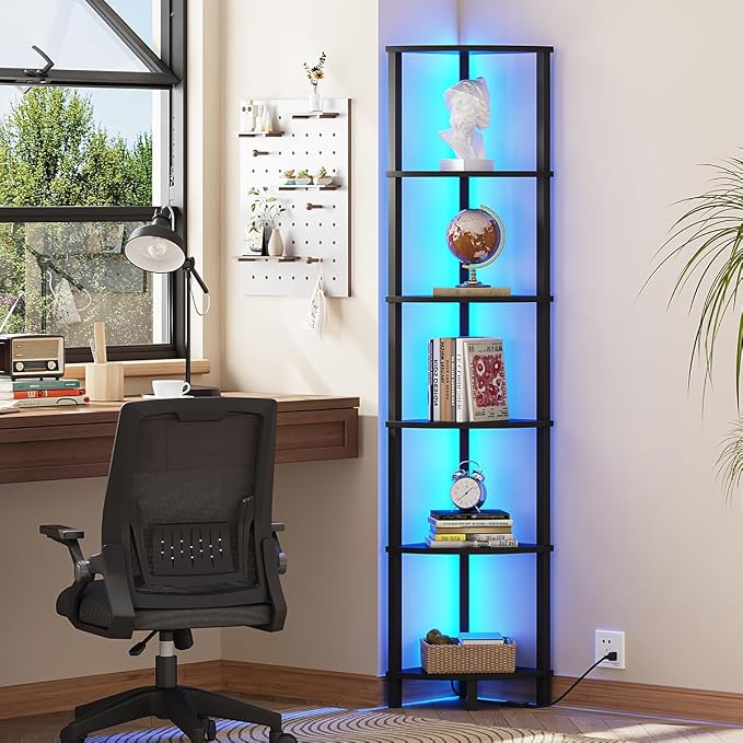 VIMBER 6-Tier Corner Shelf with LED Light, Industrial Corner Ladder Shelf, Rustic Display Shelf for Living Room, Bedroom, Kitchen, Home Office, Sturdy Frame, Black UJSJ002B