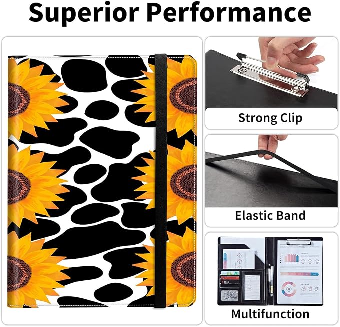Padfolio/Portfolio Folder Clipboard,Padfolio Clipboard,Writing Portfolio Leather with Cover for Card Holder Slot Letter Size A4 for Office Conference Notepad Clip Boards,Cow Print Sunflowers