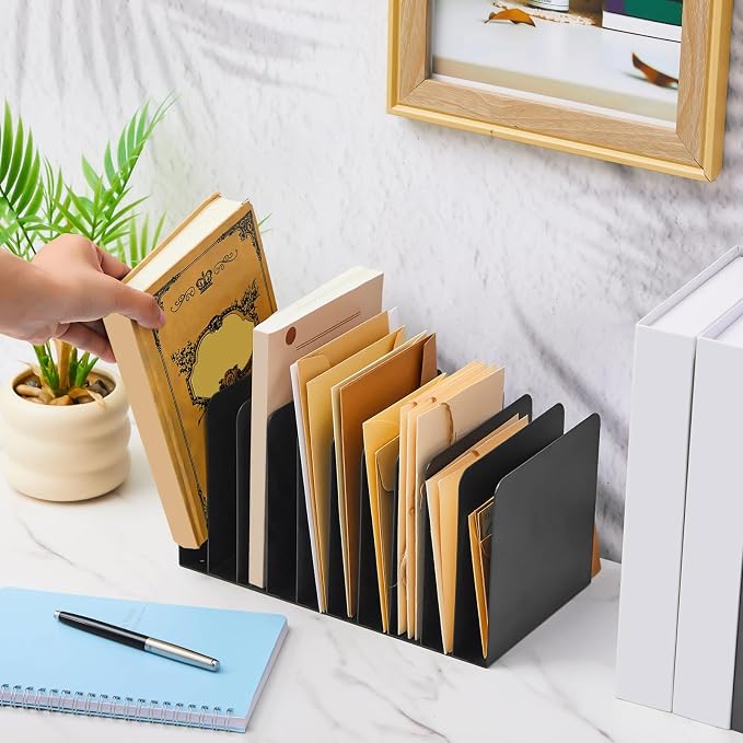 Suzile 2 Pcs Vertical Metal Desk File Organizer, 10 Compartments Desktop Document Sorter & Mail Holder for Office Home Classroom, 10.63 L X 5.79 W X 5.41 H, Black