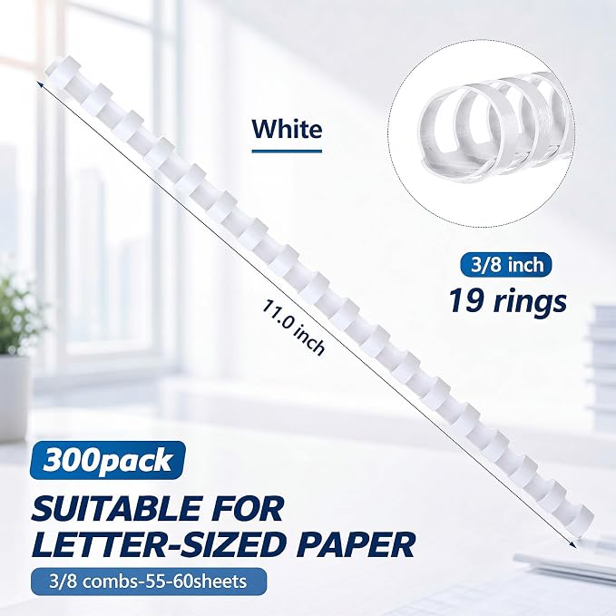 Maitys 300 Pcs Plastic Binding Combs Bulk 19 Ring Comb Spines Letter Size Spiral Binding for Notebook Calendar Picture (3/8inch,White)