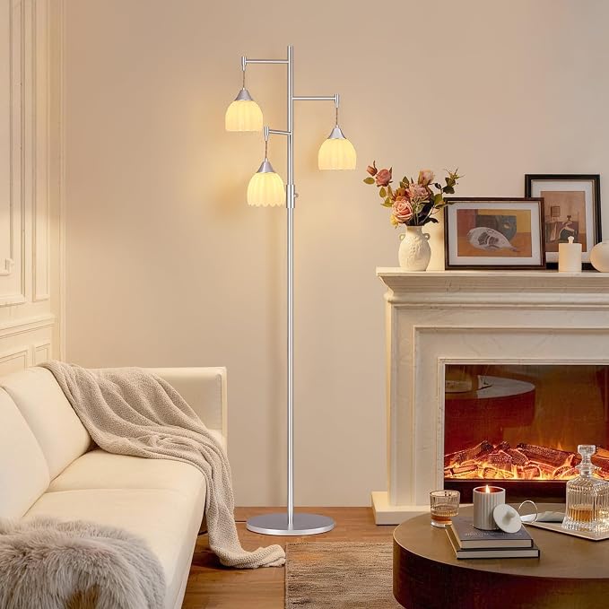 Shenmoyl Stepless Dimming Floor Lamps for Living Room, Bedroom, Nickel Standing Lamp with 3pcs 6W Bulbs, Vintage Floor Lamp for Corner, Nursery (White Tulip)