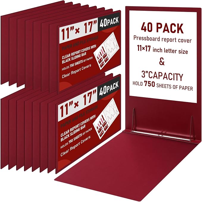 Resurhang 40 Pcs 11x17 Inch Pressboard Report Cover, 3" Capacity Presentation Binder Folder with Metal Prong Paper Fastener to Neatly Bind Reports Proposals Transcripts, Other Documents (Burgundy)
