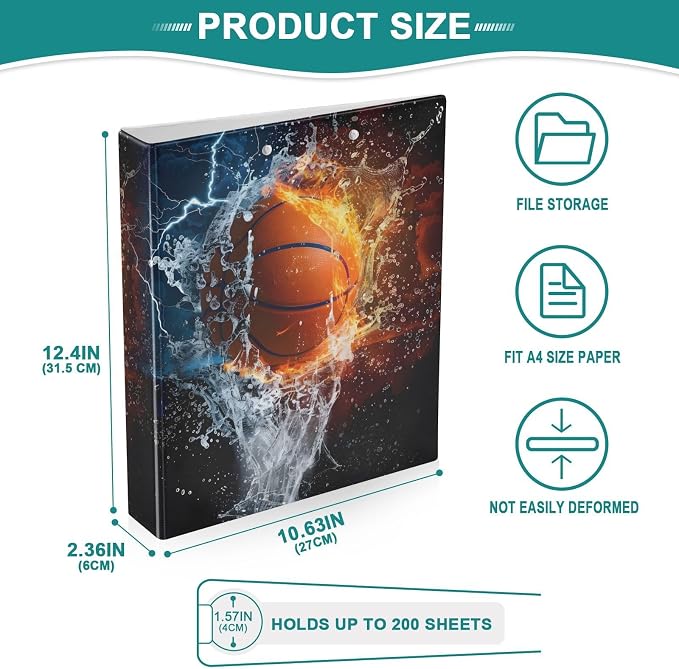 ALAZA 3 Ring Binder Basketball Water and Fire Ball Clipboard Round Ring Binder Holds 1.5 Inch Three Rings Binder Heavy Duty Binders for School Office Supplies, 1Pack