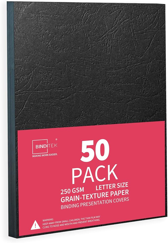 Binditek 13 Mil Grain-Texture Paper Binding Covers, 8.5x11", Black, 50 Pack | Paper Binding Covers, 8.5" x 11" Letter Size, 250 GSM, 90 lb, Square Corners, Unpunched, for Business, School Projects