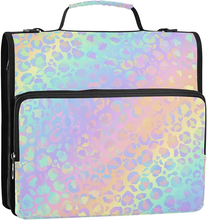 Gradient Leopard Pattern 3 Ring Zipper Binder with Shoulder Strap & Handle 2 Inch D-Ring Zippered Binder Bag with Multiple Pocket & Pencil Pouch, Binder Organizer for School or Office