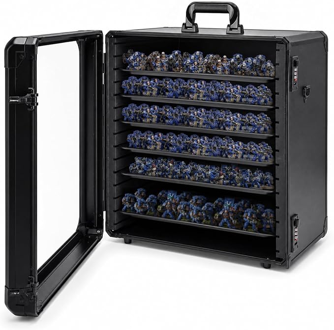 Miniature Carrying Case for Wargame Figures, Mini Display Case, X-Large | Aluminum Alloy, 6 Metal Trays, Combination Lock, Shoulder Strap, Storage Case for Collectibles, Tabletop Figure