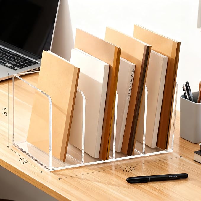 YUXUN Clear Acrylic Magazine File Holder, 4 Compartment Desk Organizer | Desk Organizer for Documents, Tablets, Magazines, Books & Accessories, Ideal for Office, Home & Classroom