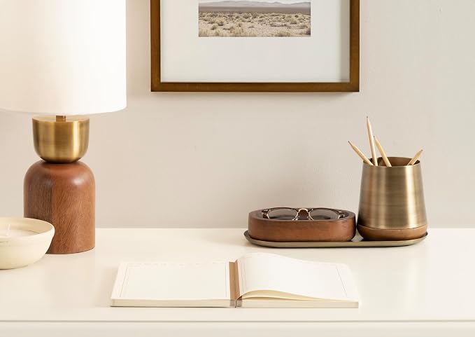 Kate and Laurel Koni Modern Three-Piece Tabletop Organization Set, 12 x 5 x 5, Walnut Brown and Antique Brass, Wood and Metal Organizational Set for Home Office or Entryway Decor