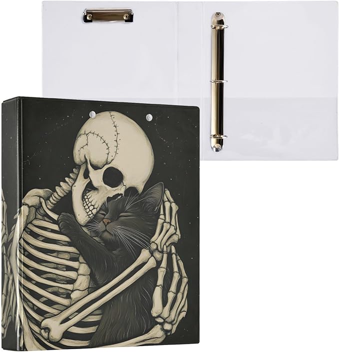 ALAZA 3 Ring Binder Skeleton Black Cat Kitten Clipboard Round Ring Binder Holds 1.5 Inch Three Binders Heavy Duty Binders for Office Supplies, 1Pack