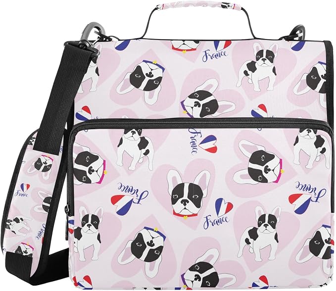 Personalized Cute French Bulldog 3 D-Ring Binder Bag Zipper Organizer | Multi-Pocket with Handle and Detachable Shoulder Strap Holds 500 Sheets for School Office Supplies
