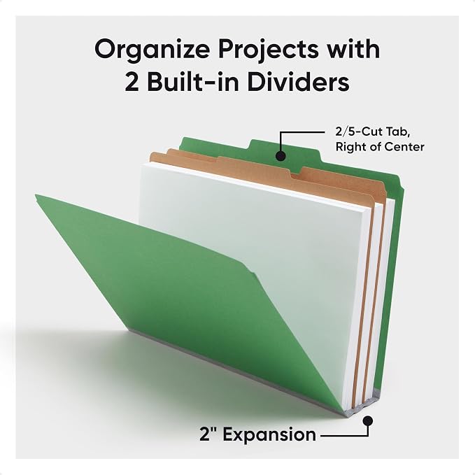 Smead Pressboard Legal Size File Folders with SafeSHIELD Fasteners, 2 Dividers, 2" Expansion, Office Folders, Paper Holder, Green, 10 per Box (19033)