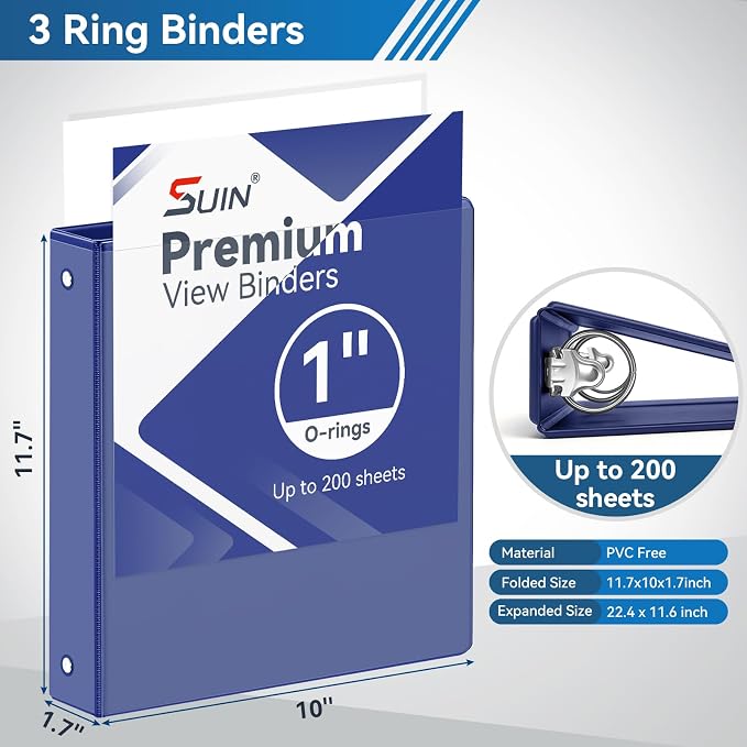 SUIN 1-inch 3 Ring Binder with 2 Interior Pockets, 1''Durable Binders Holds US Letter Size 8.5'' x 11'' Paper - Versatile Binders for Office, Home, and School Use, 6 Pack, Assorted Rainbow Colors