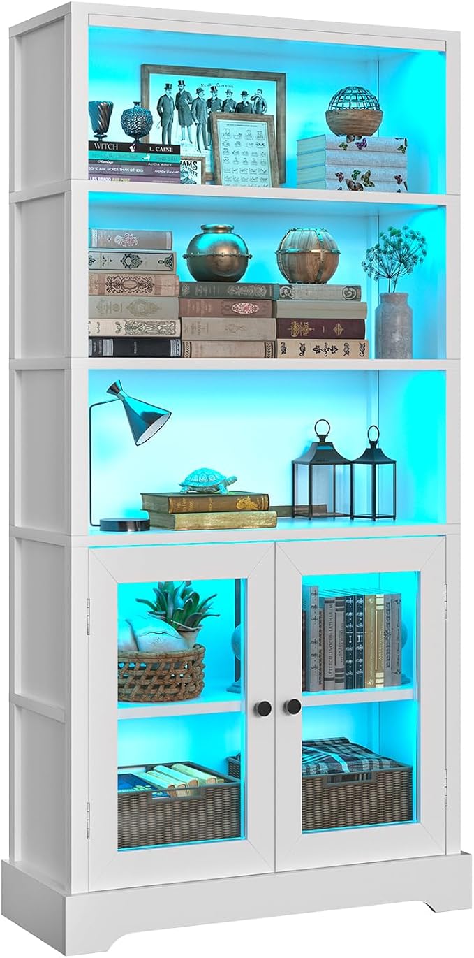 TVU 5-Tier Bookshelf, 65" Bookshelf with Multi-Color Ambient Lights (APP Remote Control), Tall Vertical Display Shelf with Cabinet Doors, Suitable for Living Room, Bedroom, Study, Office, White