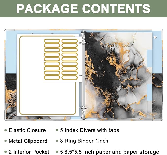 Rouidr Mini 3 Ring Binder with Clipboard, 1 inch Round 8.5 x 5.5 in Cute Binders Organizer with 5 Dividers Tabs & Clear Sleeves, School Supplies, Office Supplies, Black Gold Marble
