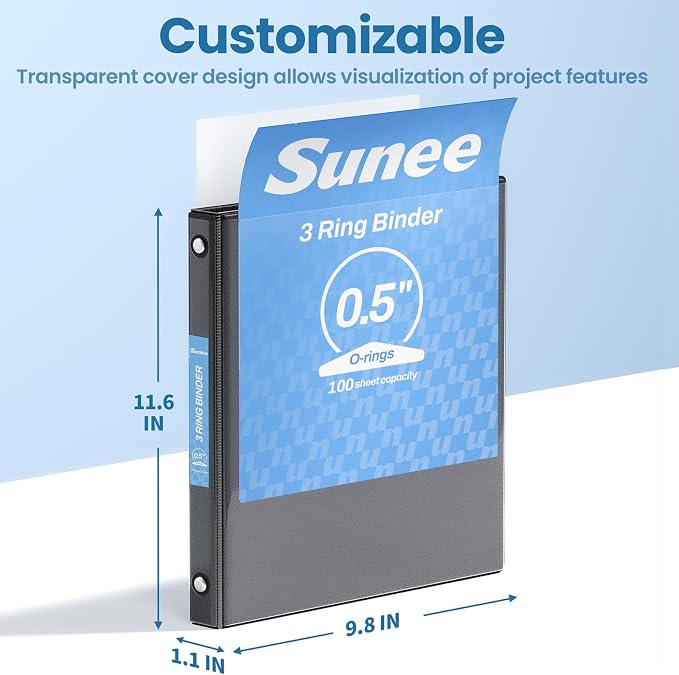 SUNEE 1/2 Inch Binders 3 Ring 10 Pack Bulk, PVC-Free Clear View Half Inch Binders (Fits 8.5x11 Inches) for School, Office & Home Use, Black