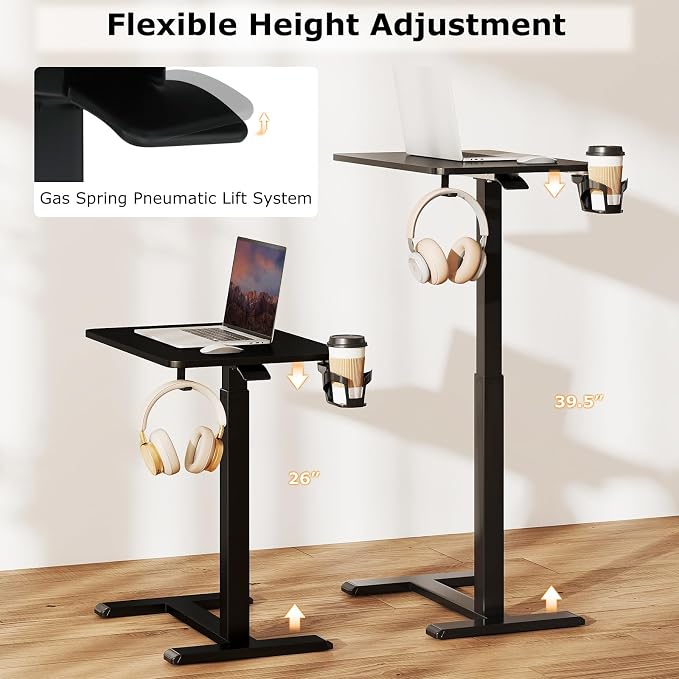 Tangkula Mobile Standing Desk, Pneumatic Height Adjustable Rolling Desk with Cup Holder & Headphone Hook, Overbed Table with Hidden Wheels, Laptop Computer Cart for Couch, Home, Office (Black)