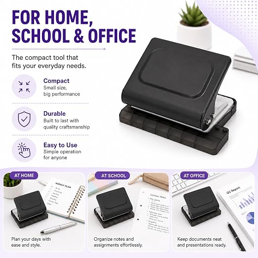 10 Hole Punch Binding Machine Kit for Planner (Black) with 10 Multi-Color Spiral Coils, Adjustable A4 A5 B5 Paper Puncher, DIY Notebook Scrapbook Maker for Home Office School Organization