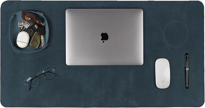 LEATHER VILLAGE Real Leather Desk Pad 3mm Thick Double Layer Desk Mat Blue | 32''x16'', Cover Blotter Large Full Grain Protector for Keyboard, Mouse & Laptop, Office Table Mat & Desktop Accessories