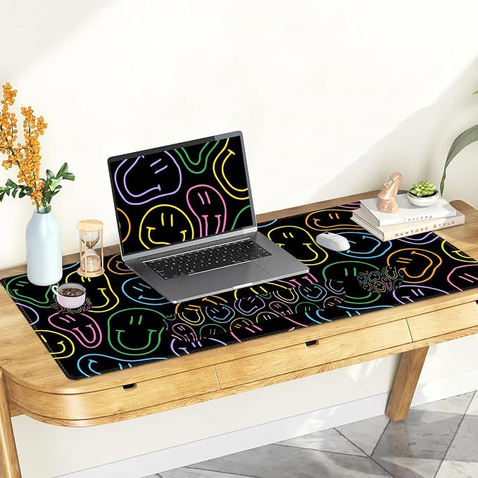 Large Gaming Mouse Pad Set, 4 in 1 Extended Keyboard Desk Mat with Wrist Rest, Computer Game Mousepad, Non-Slip Desk Pad Protector Easy Typing Pain Relief for Home Office I Black Retro Hippie