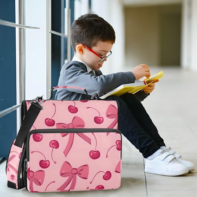 Bow Cherry Pink Zipper Binder Bag 3 Ring Binder with Shoulder Strap Zip Up 500 Sheets Capacity Multi Pockets for School Office Supplies