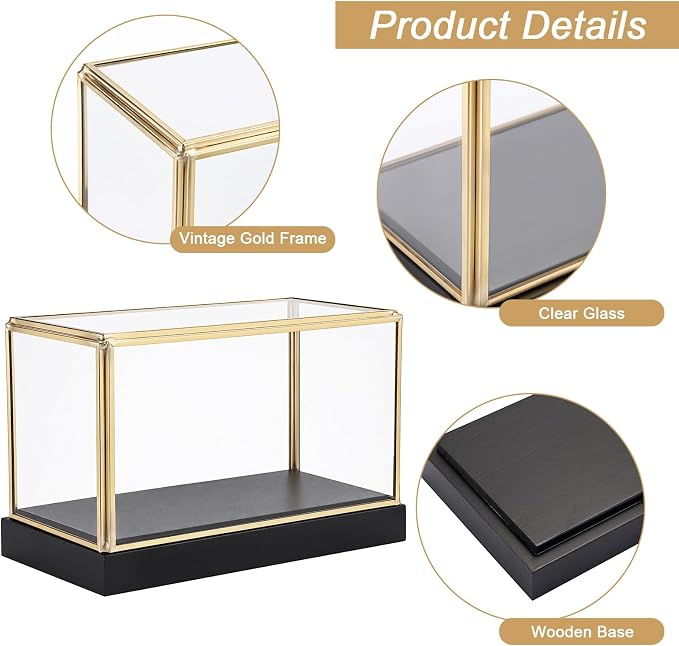 Hipiwe Glass Display Case for Collectibles Vintage Gold Display Case Box | Rectangular Glass Box for Figurine Models Plants Metal Frame Keepsake Box with Black Wood Base, 7.5"x4"x5"