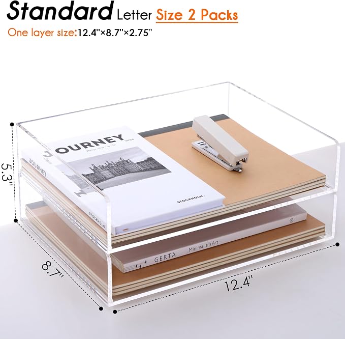 HeZone Paper Organizer, 2 Tier Stackable A4 Size Acrylic Letter Tray, Office/Home/School Organization - Clear