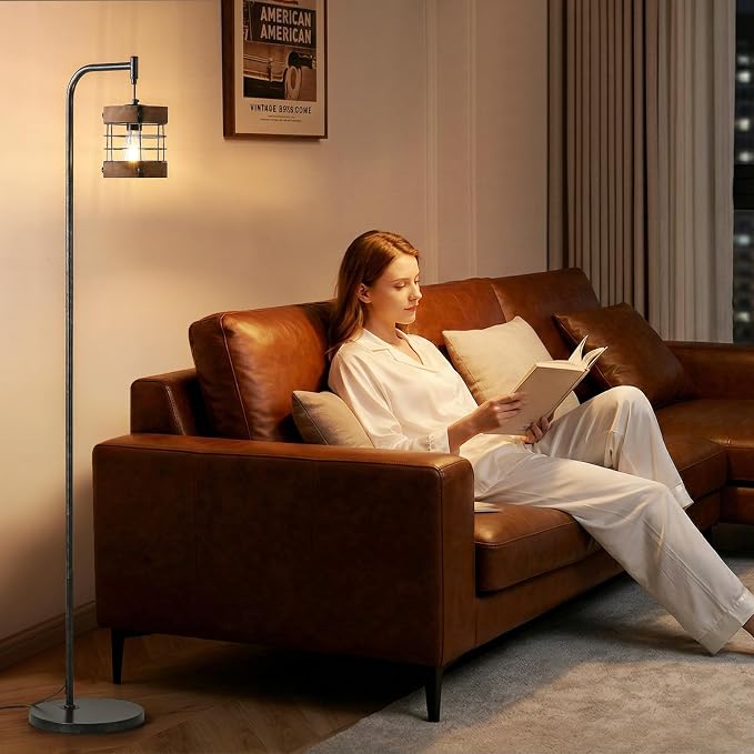 67" Industrial Floor Lamp with Wood & Black Metal Shade, Modern Standing Lamp, Rustic Farmhouse Tall Lamp for Living Room Bedroom Office, 2700K Bulb & Foot Switch Included (BlackSliver+ Wood- FL-2521)