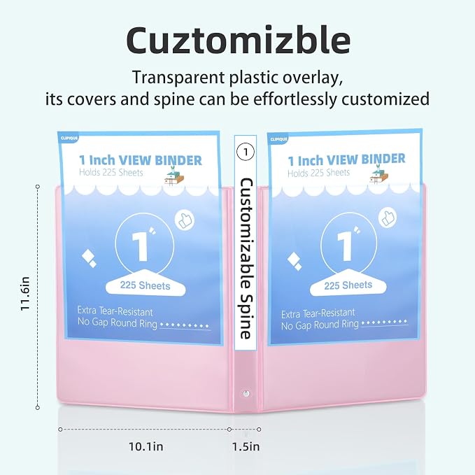 1 Inch Binders 3 Ring,6 Pack Three Ring Binder with 2 Pockets,PVC-Free,Customizable Clear View Cover for 8.5 x 11'' Letter Size Papers, Round Ring， Ideal for School, Office Supplies