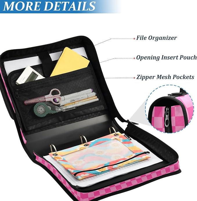 Zipper Binder Bag 3 Ring File Folder Portfolio Organizer Zippered Binder Bags with Strap Fits Laptop Women Men