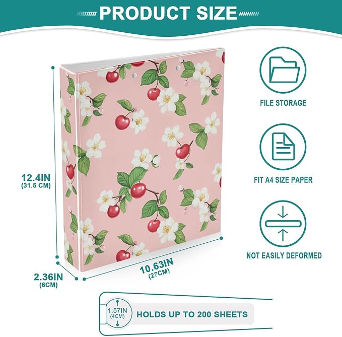 Flower Cherry Fruit Printed 3-Ring Binder for School Office, 1.5 Inch Round Ring Binder for Home Recipe Budget Aesthetic Binder with Pocket Metal Non-Slip Clip Holds 200 Sheets of Paper