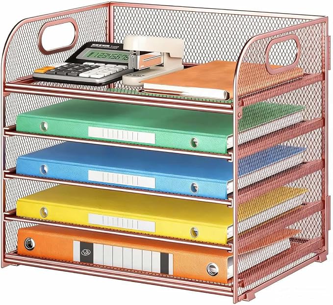 5 Tray Paper Organizer Letter Tray with Handle - Mesh Desk File Organizer, Paper Sorter Organizer for Office, Home or School File Folder Holder - Rose Gold
