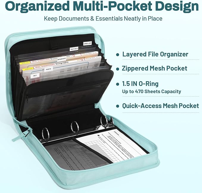 SUNEE Zipper Binder with Handle, 1.5 Inch O-Ring, 325 Pages Capacity, with 5-Tab Expanding File Folder for Classified Storage, Small Size Lightweight Zipper Bag, Sky Blue