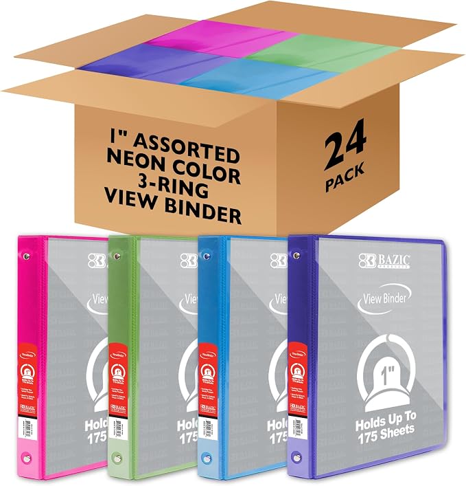BAZIC 3 Ring Binder 1" Presentation View Binders Organizer - Neon Color, Round Ring, Hold 175 Sheets Paper, School Office Home, 24-Count | round rings, 1 in Assorted Neon Color view 3-ring binder, 2 inside pockets, holds up to 175 sheets, Durable poly ...