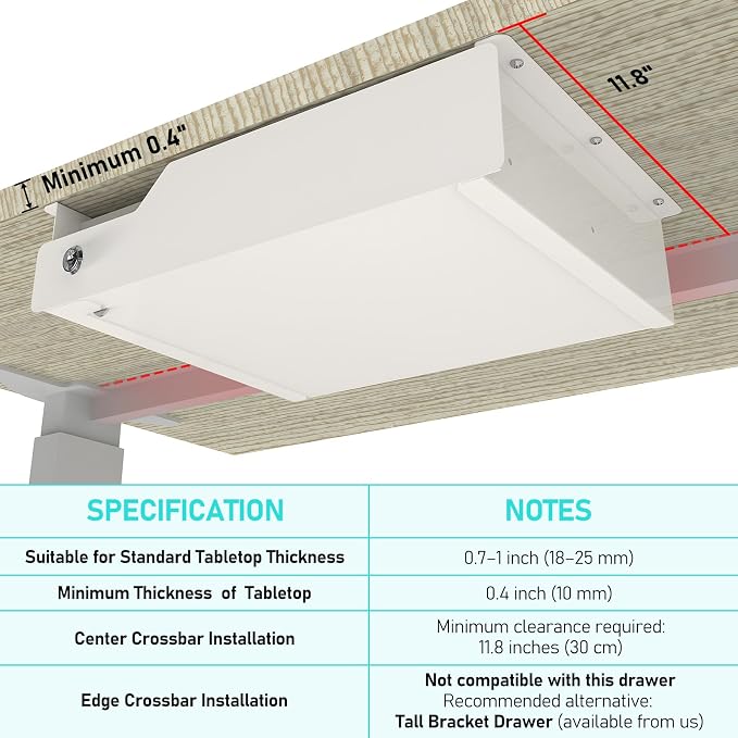 Under Desk Drawer Storage with Lock, Metal Undermount Table Drawer, Ball Bearing Slides Out Tray Organizer for Paper, Pencil, and Laptop 16"x11.8"x3.6", White