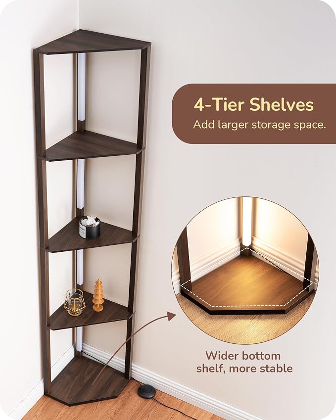 EDISHINE Dimmable LED Floor Lamp with Shelves, Corner Floor Lamps for Living Room, Corner Shelf with LED Light, 3CCT, Modern Standing Lamp, Floor Lamp for Bedroom, Office, Walnut | 4-Layer Shelf, Foot Switch, Rotatable Light Bar, Modern Corner Lamps fo...