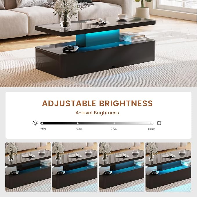 40" Modern LED Coffee Table, 2 Tier Rectangular Center Table with 16 Colors Lights & Large Storage Space, High Glossy Wooden Tea Table for Living Room, Bedroom, Home Office, Black