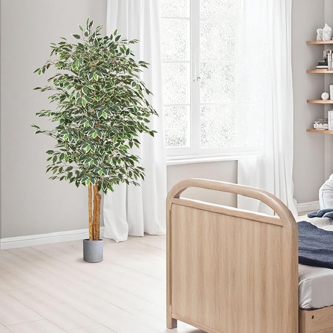 VEVOR 6FT Artificial Ficus Tree with Black Pot, Tall Faux Ficus Plant with Natural Wood Trunk and Realistic Green Leaves, Indoor Fake Silk Tree for Home, Office, Living Room, or Corner Décor