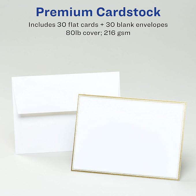 Avery Invitation Cards, Metallic Gold Borders, 5" x 7" Matte White, Laser/Inkjet Printable, 30 Cards and Envelopes (3325)