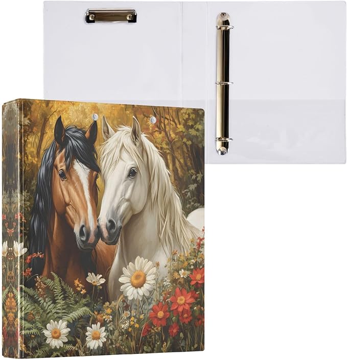 3 Ring Binder Horses with Flower 1.5" Round Ring Binders View Binder with 200 Sheet for Women Men Office Kids School Supplies, 1 Pack