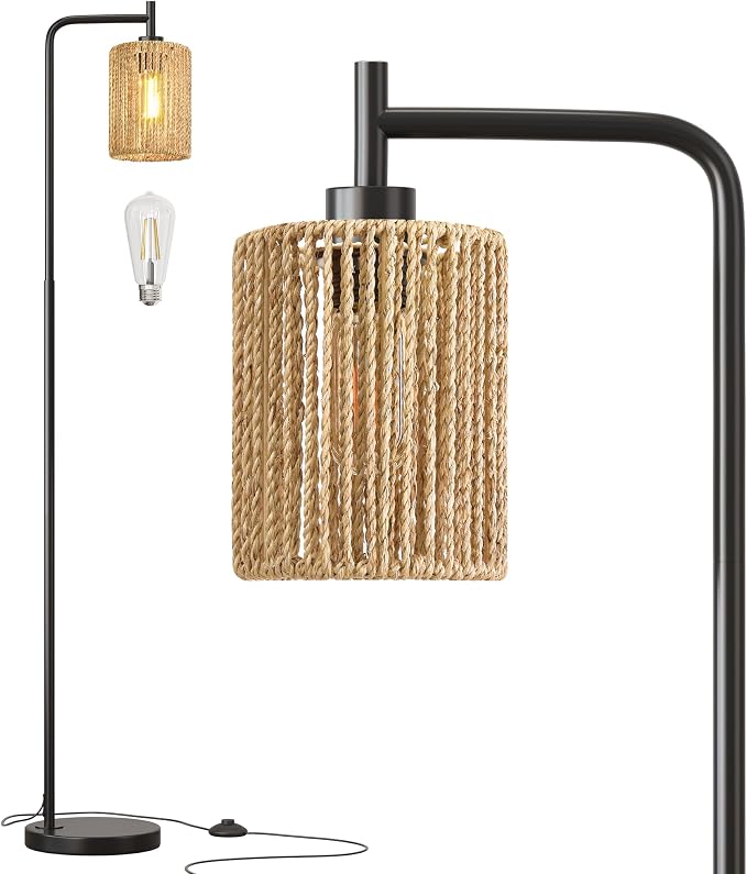 66" Black Floor Lamp for Living Room, Boho Floor Lamp with LED Bulb, Rattan Shade, Foot Switch, Industrial Tall Standing Lamp for Bedroom, Dining Room, Study Room, Office