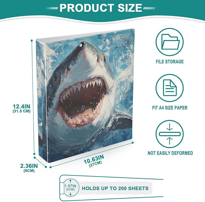 Caikeny 3 Ring Binder Oil Painting Sharks Fish Underwater Watercolor 1.5 Inch Binders Round Ring Clipboard with 2 Pockets for Office Supplies