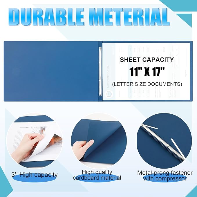 Resurhang 10 Pcs 11x17 Inch Pressboard Report Cover, 3" Capacity Presentation Binder Folder with Metal Prong Paper Fastener to Neatly Bind Reports Proposals Transcripts, Other Documents (Navy Blue)