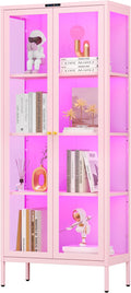 Polup 66" Pink Glass Display Cabinet with 8-Color LED for Collectibles | Metal Frame & Tempered Glass Doors, Motion Sensor LED, 4-Tier Space, 3 Adjustable Shelves, for Indoor Plants & Figures