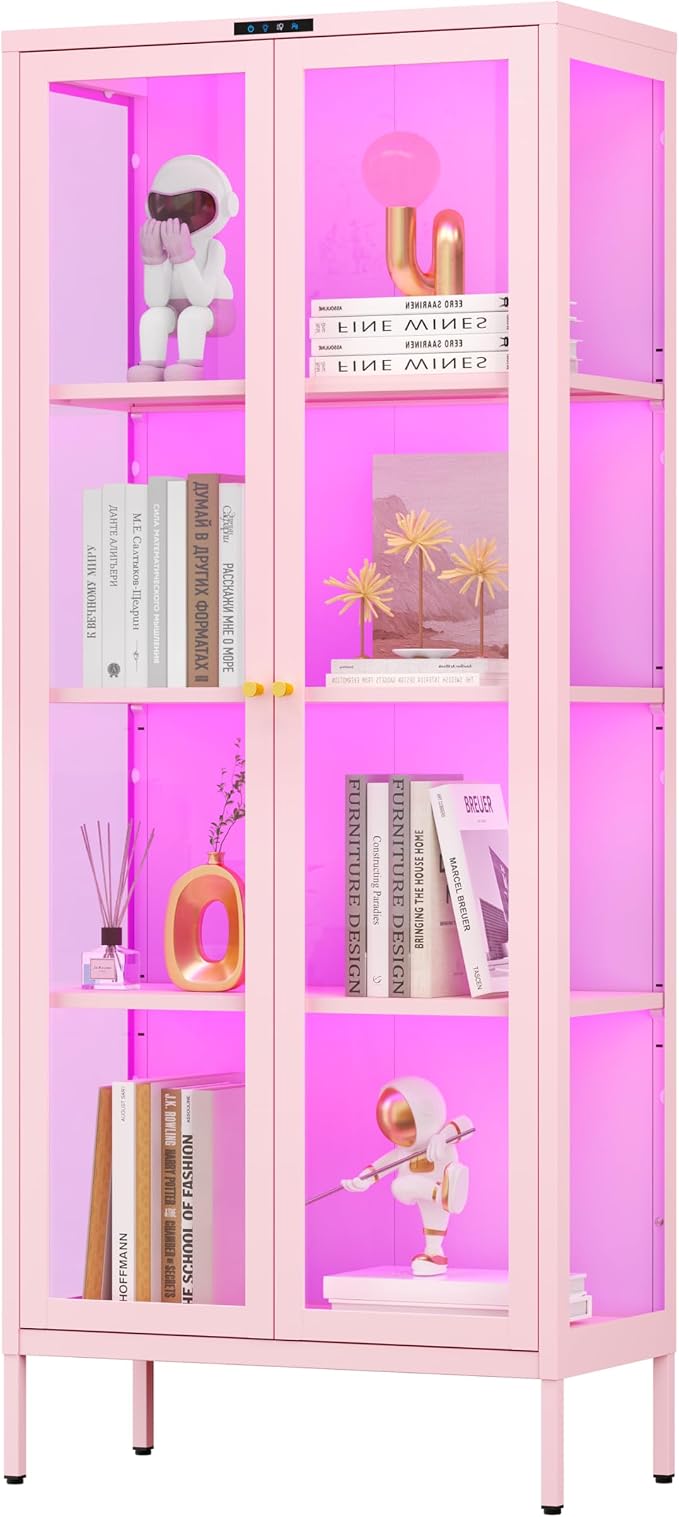 Polup 66" Pink Glass Display Cabinet with 8-Color LED for Collectibles | Metal Frame & Tempered Glass Doors, Motion Sensor LED, 4-Tier Space, 3 Adjustable Shelves, for Indoor Plants & Figures