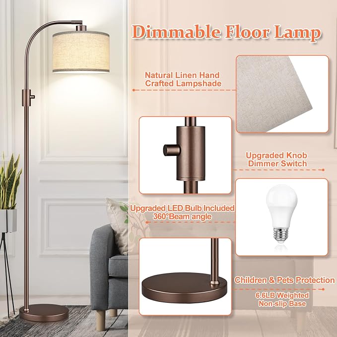 Nintiue Upgraded Modern Arc Dimmable Tall Standing Floor Lamp with Linen Shade, 1200 Lumens LED Bulb Included, for Living & Reading Room, Bedroom, Office & Nursery, Brown