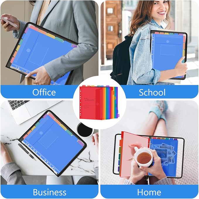 Uquelic Document Organizer, Soft PVC 3 Ring Binder with 12 Pockets | Colorful Zipper Binder with Dividers Letter Size, Large Capacity Cute Folder for School, Office & Home Use (Black)