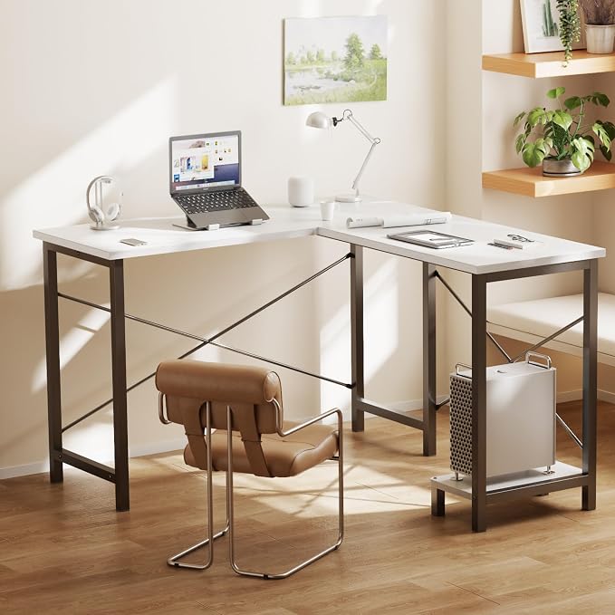 DUMOS 50-Inch Reversible L Shaped Desk with CPU Shelf, White | Computer Desk with Sturdy Metal Frame, Corner Gaming Desk, Home Office Desk for Study, Writing and Work, Sturdy Modern Design