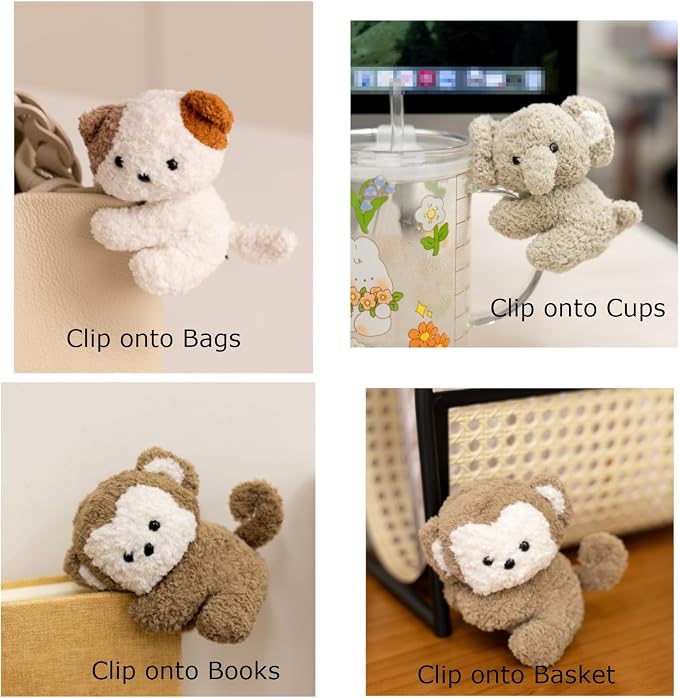 Cute Animal Plush Gift Set-Penguin Wrist Rest & 3 mini Plush Clips(Monkey,Dog,Elephant) Kawaii Cozy Desk Decor for Office, Study, Home,Gift Box Included