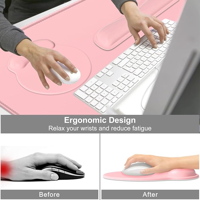 Dapesuom Large Gaming Mouse Pad, Pink Mouse Pads with Wrist Rest Wrist Support, 4in1 Big XXL Desk Mat Desk Pad + Ergonomic Mousepad + Memory Foam Keyboard Mat Wrist Rest + Coaster Set for Computer
